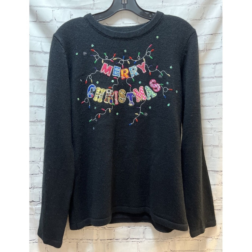 Merry Christmas‎ women black sweater colorful letters lights sequins M Medium